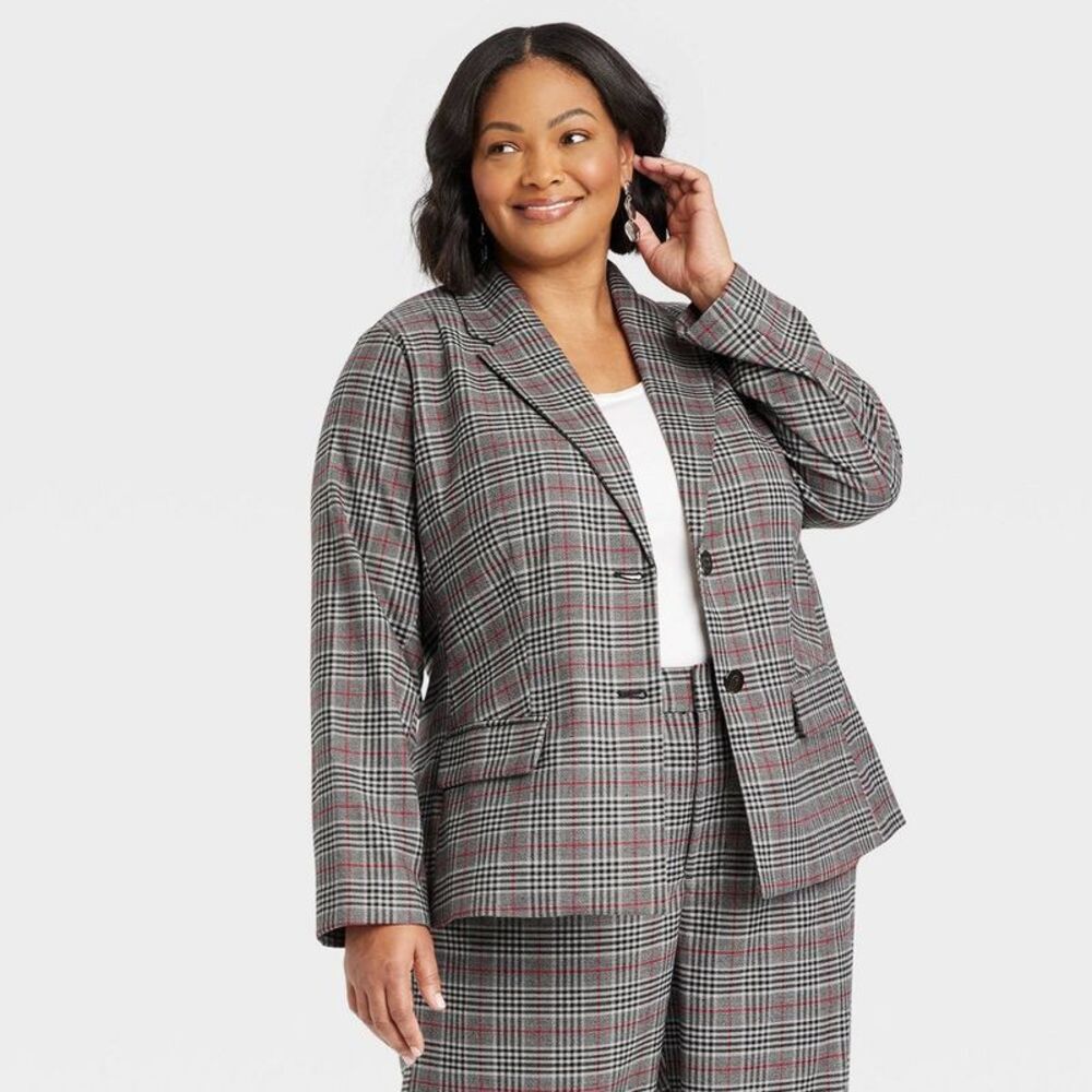Women's Front-Button Blazer - Ava & Viv Gray Plaid 3X